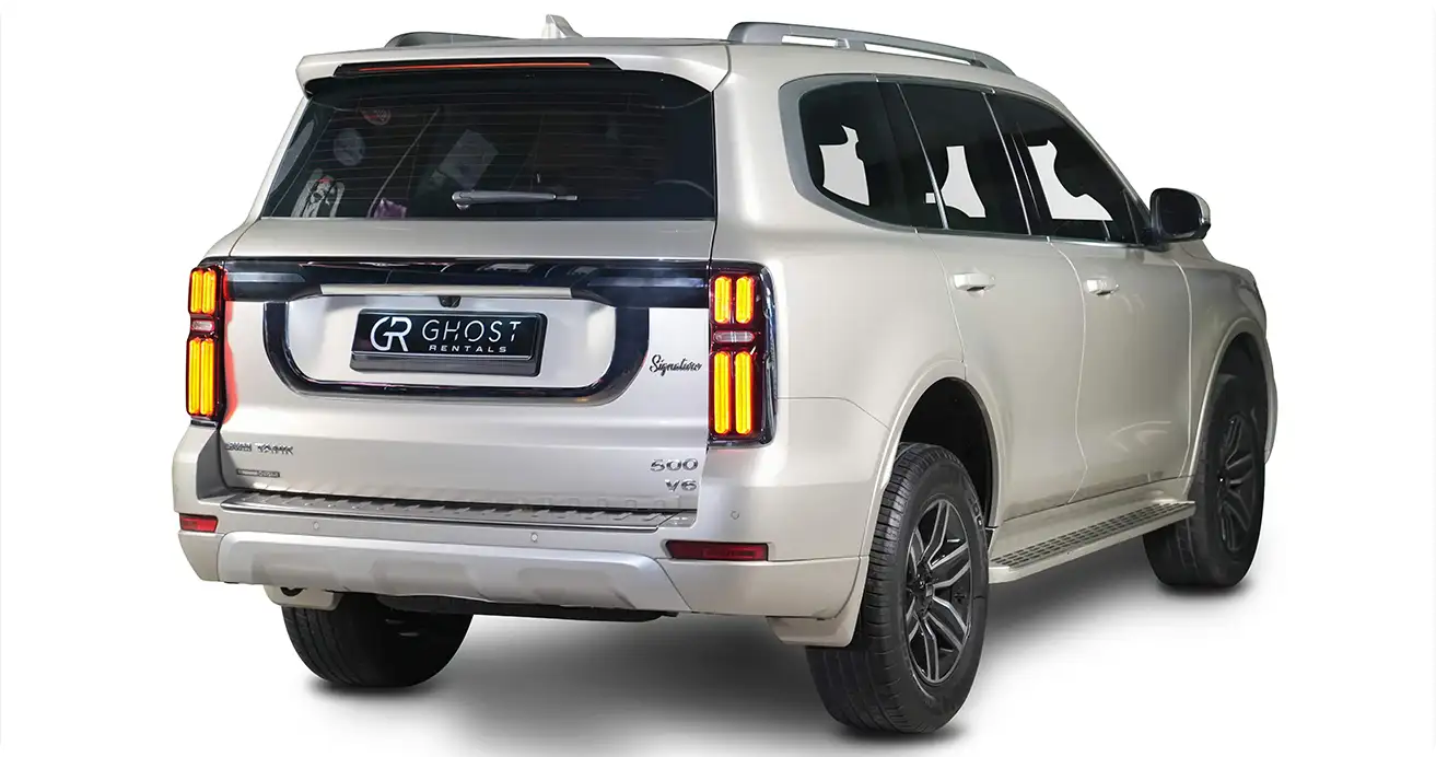 Close-up of Great Wall Motor Tank 500 badge, available for rental in the UAE